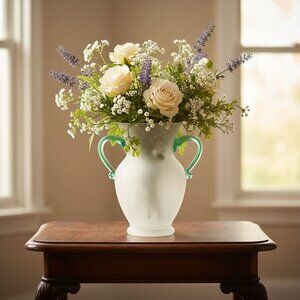Vintage Frosted Glass Vase With Green Twisted Handles